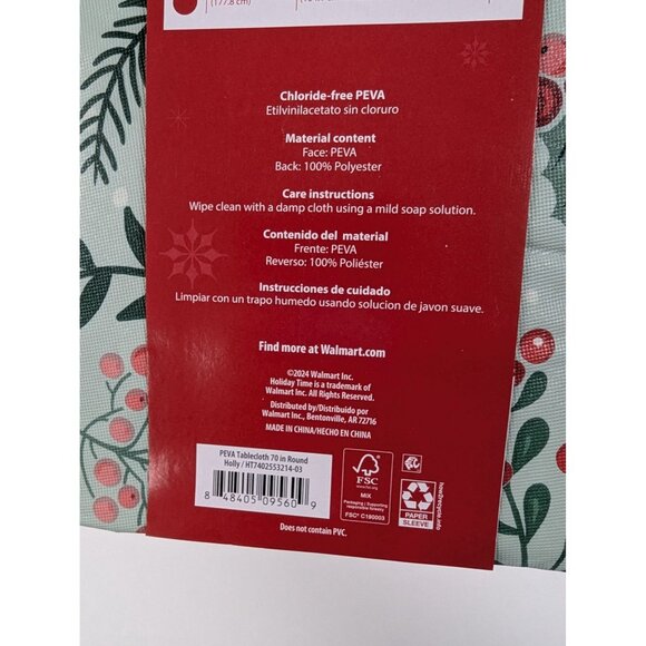 Holiday Time PEVA Tablecloth 70" Round Diameter Chloride-Free Floral Design Chri - Picture 5 of 5